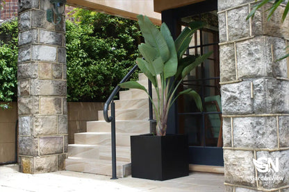 Modern square cube pots in various sizes arranged on a patio with plants, showing clean geometric lines