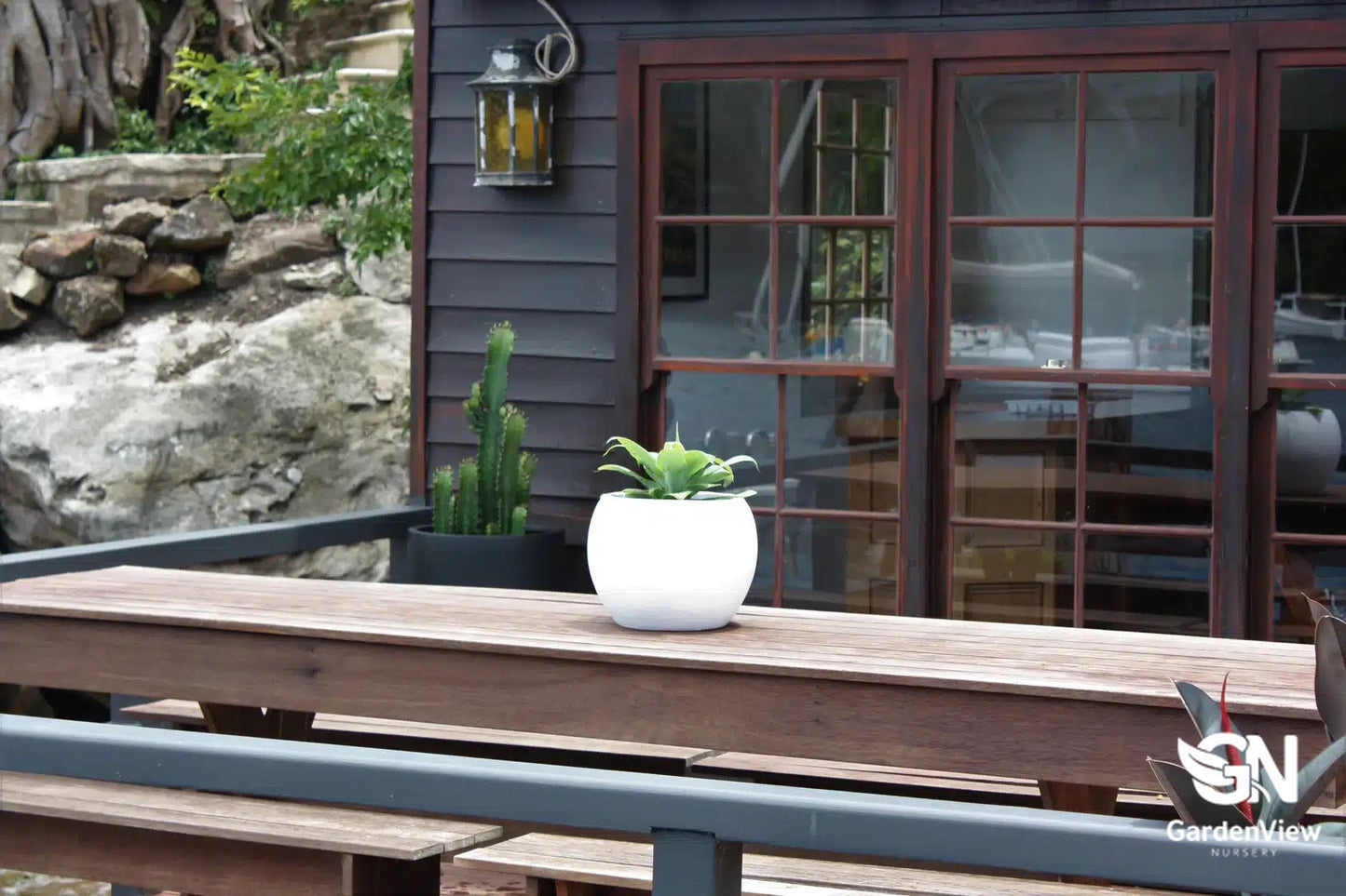 Curved dome-shaped ceramic pots in various sizes displaying different plants on a garden bench