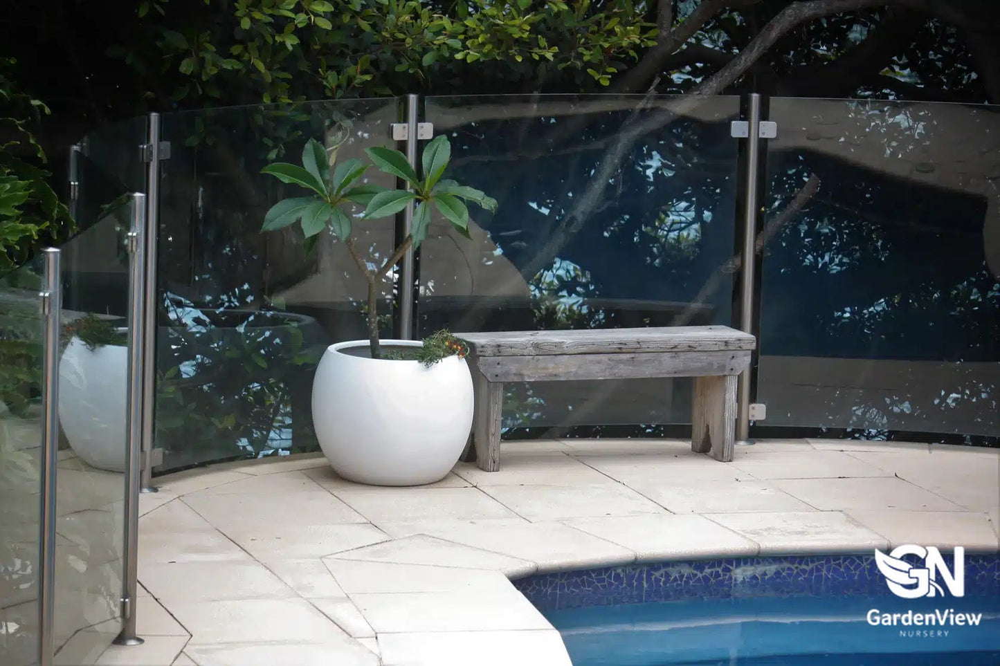 Curved dome-shaped ceramic pots in various sizes displaying different plants on a garden bench