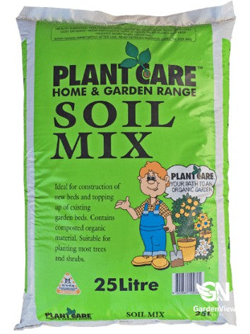 A 25-litre bag of premium garden mix soil blend sitting in a sunny garden setting ready for planting