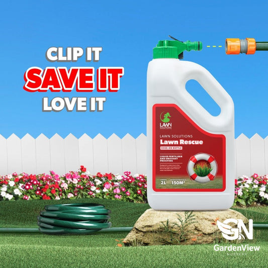 Lawn Rescue garden care product container on healthy green grass showing before and after lawn transformation