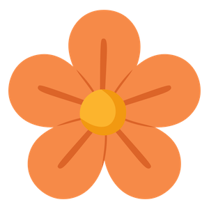 A flat vector illustration of a five-petal flower with orange petals, a yellow center, and brown lines on a solid white background.