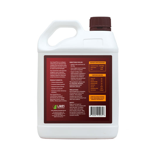 Iron Guard Plus 2.5L bottle with green label showing liquid iron supplement for garden plants and lawn care