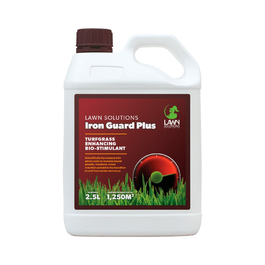 Iron Guard Plus 2.5L bottle with green label showing liquid iron supplement for garden plants and lawn care